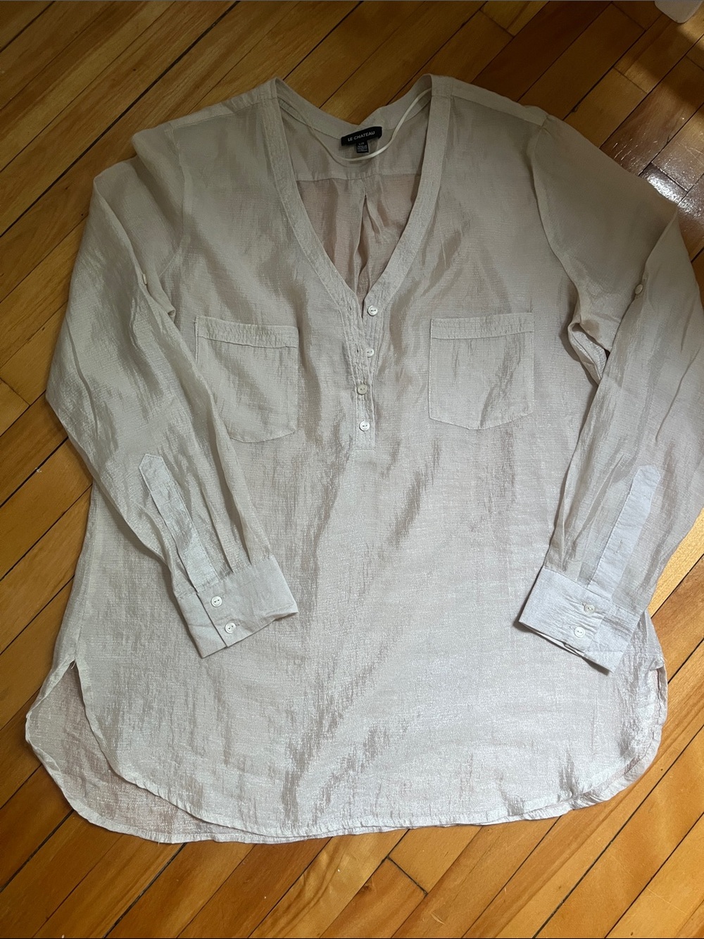 Sheer Shimmery Long-Sleeve Tunic Blouse